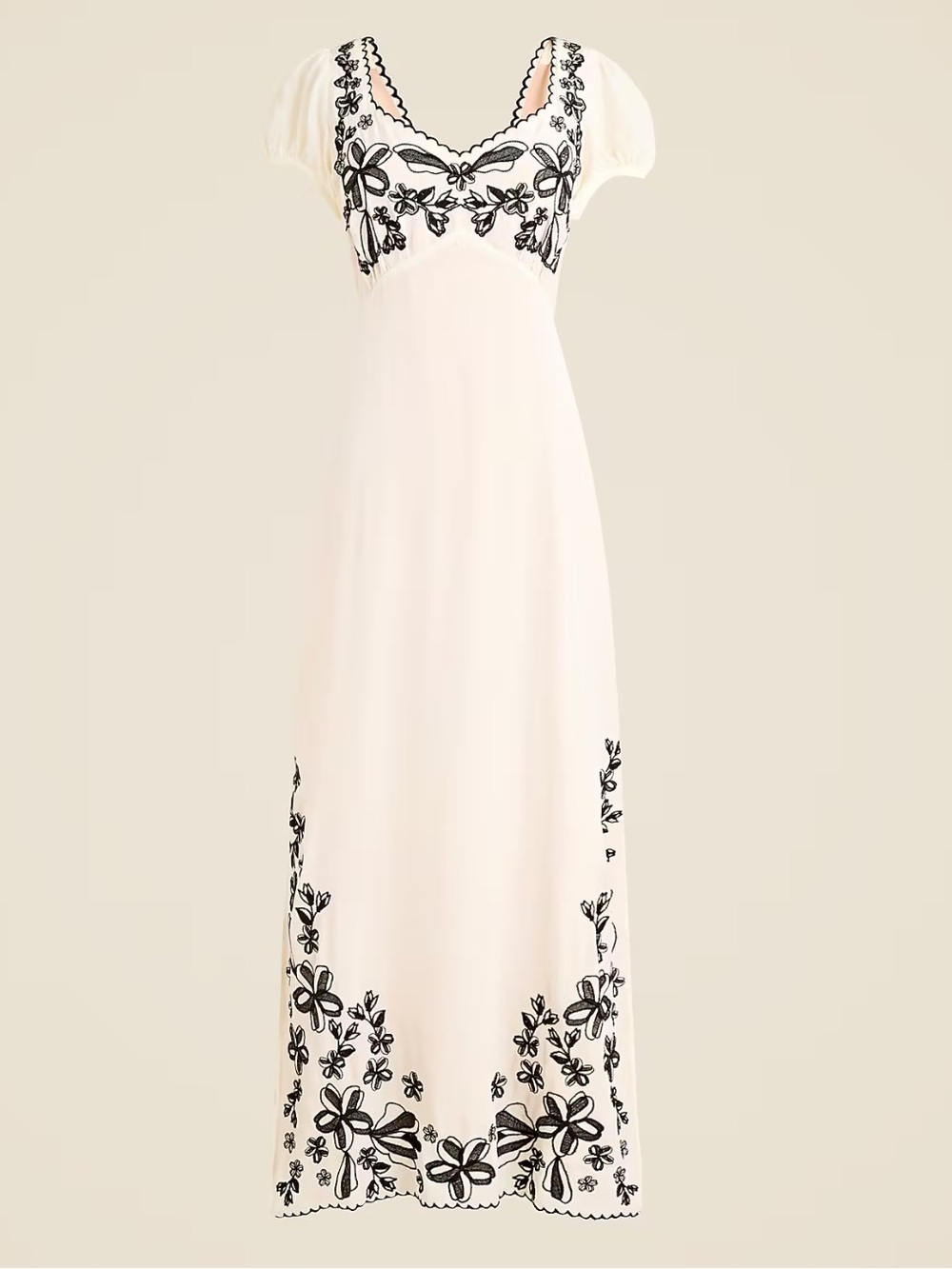 J. Crew Ivory Maxi Dress with Black Floral Embroidery